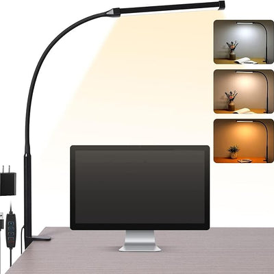 Voncerus LED Desk Lamp with Clamp, Eye-Caring Clip on Lights for Home Office, 3 Modes 10 Brightness, Long Flexible Goose-Neck, Metal, Swing Arm Architect Task Table Lamps with USB Adapter, Black