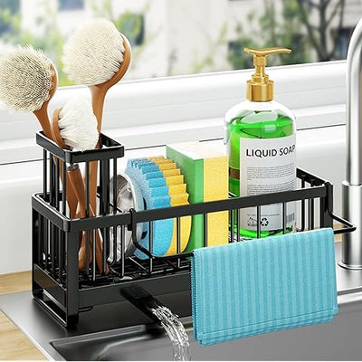 Cisily Sponge Holder for Kitchen Sink, Sink Caddy Organizer with High Brush Holder, Kitchen Countertop Organizers and Storage Essentials, Rustproof 304 Stainless Steel (Black, 9.25″)