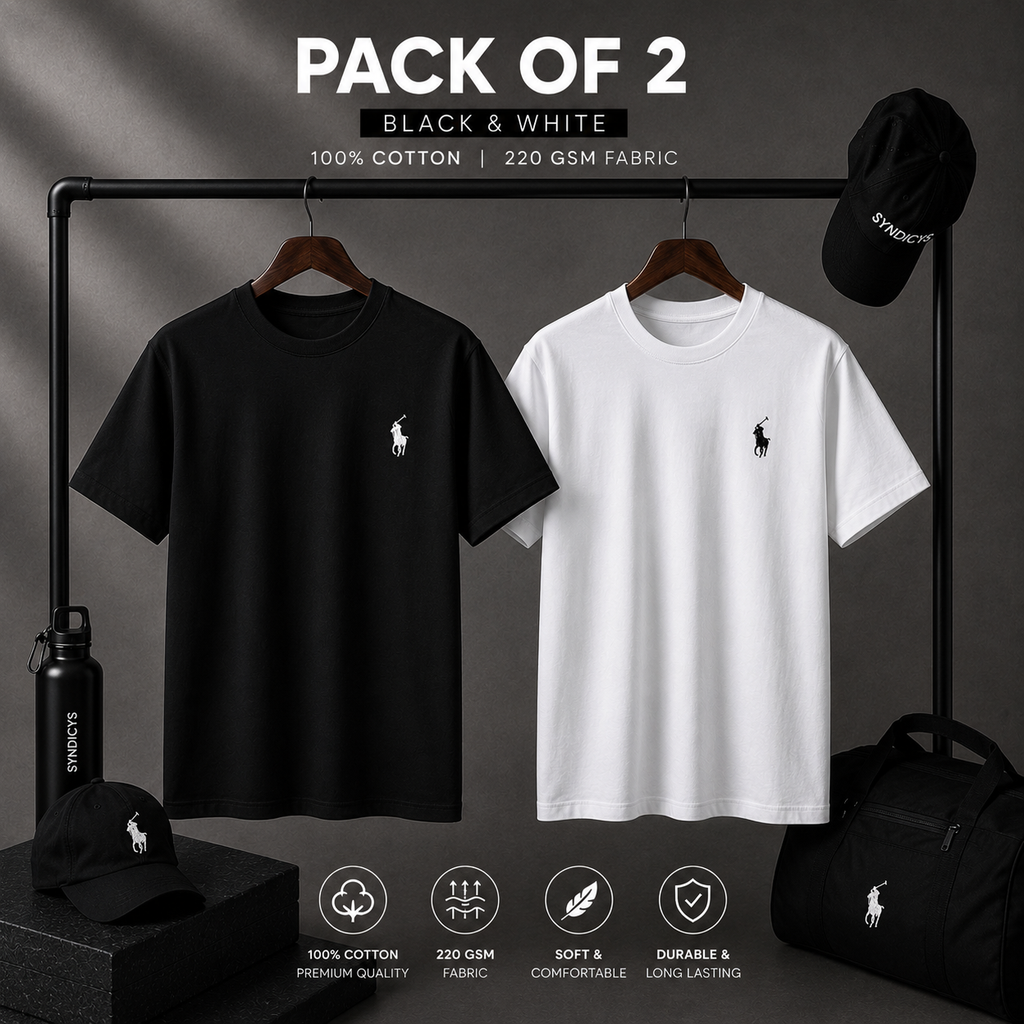 Premium Pack of 2 Cotton T-Shirts – Black & White | Alvix Mart