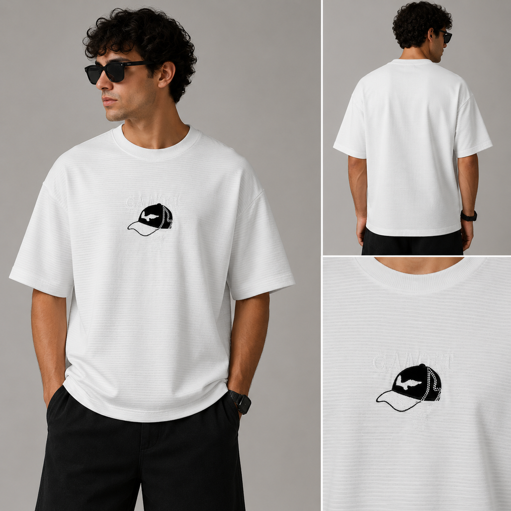 White Drop Shoulder Ribbed T-Shirt for Men – Oversized Streetwear Tee | Alvix Mart