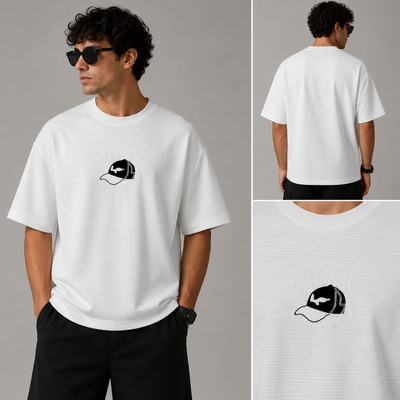 White Drop Shoulder Ribbed T-Shirt for Men – Oversized Streetwear Tee | Alvix Mart